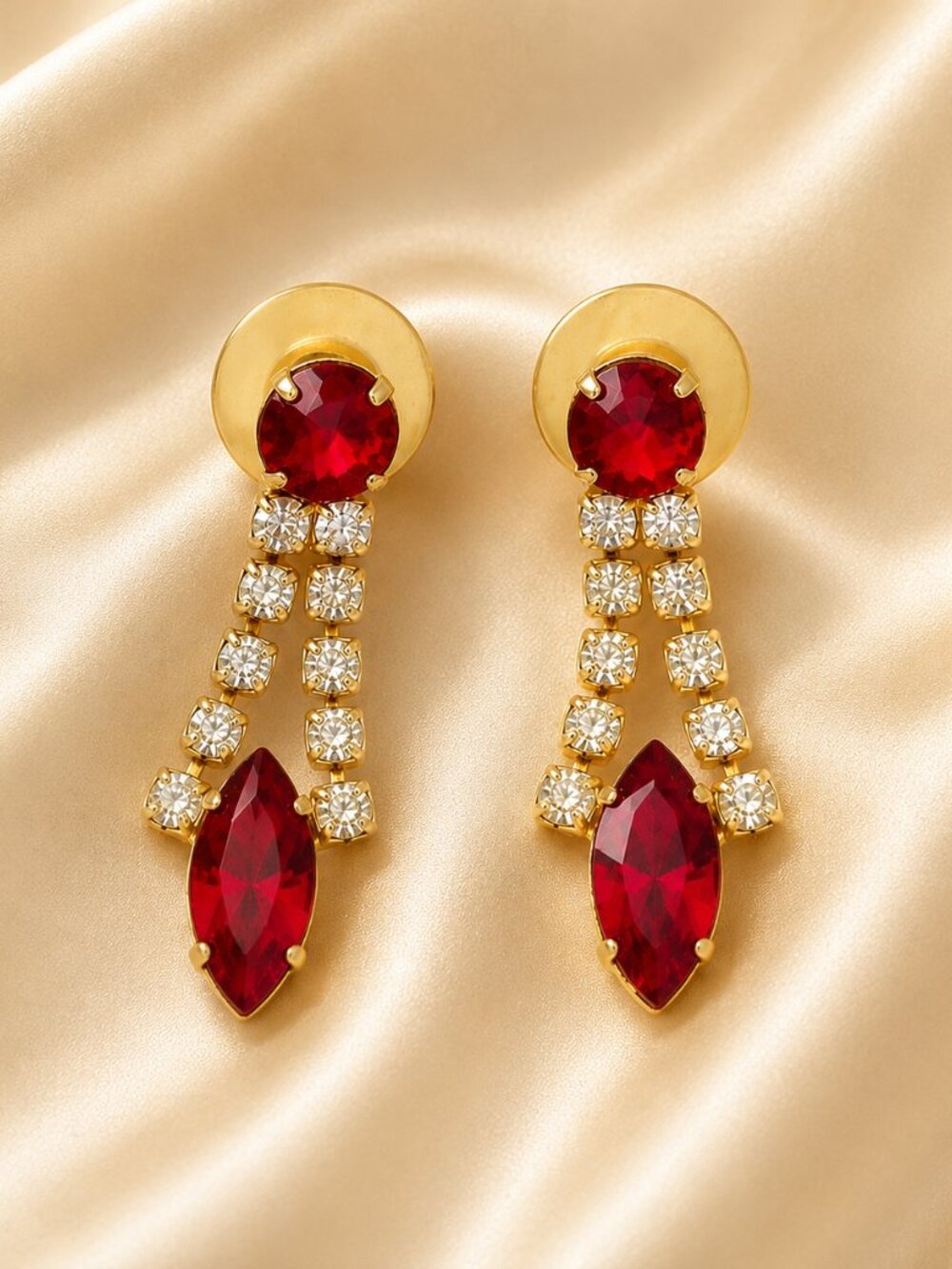 Vintage Red Drop & Rhinestone Earrings w/Original Circle Backs